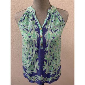 Lilly Pulitzer 100% Silk Top XXS Blue White Sleeveless Beautiful Buttons RARE